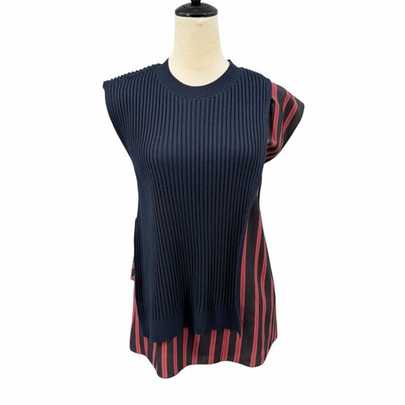 3.1 Phillip Lim Navy Wool Blend Knit Maroon Stripe Silk Layering Sweater Top - Picture 1 of 12